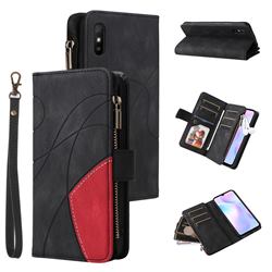 Luxury Two-color Stitching Multi-function Zipper Leather Wallet Case Cover for Xiaomi Redmi 9A - Black