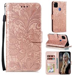 Intricate Embossing Lace Jasmine Flower Leather Wallet Case for Xiaomi Redmi 9C - Rose Gold
