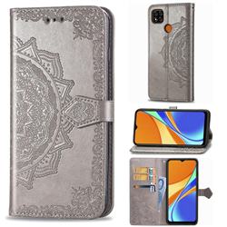 Embossing Imprint Mandala Flower Leather Wallet Case for Xiaomi Redmi 9C - Gray