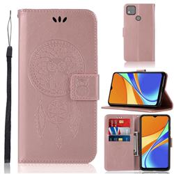 Intricate Embossing Owl Campanula Leather Wallet Case for Xiaomi Redmi 9C - Rose Gold
