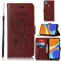 Intricate Embossing Owl Campanula Leather Wallet Case for Xiaomi Redmi 9C - Brown