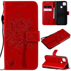 Embossing Butterfly Tree Leather Wallet Case for Xiaomi Redmi 9C - Red