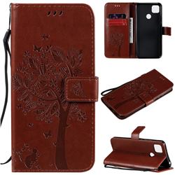 Embossing Butterfly Tree Leather Wallet Case for Xiaomi Redmi 9C - Coffee