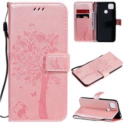 Embossing Butterfly Tree Leather Wallet Case for Xiaomi Redmi 9C - Rose Pink