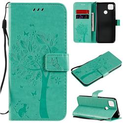 Embossing Butterfly Tree Leather Wallet Case for Xiaomi Redmi 9C - Cyan