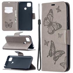 Embossing Double Butterfly Leather Wallet Case for Xiaomi Redmi 9C - Gray
