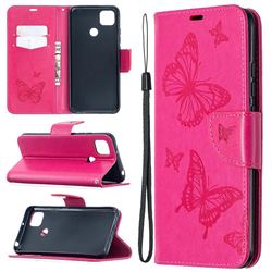 Embossing Double Butterfly Leather Wallet Case for Xiaomi Redmi 9C - Red
