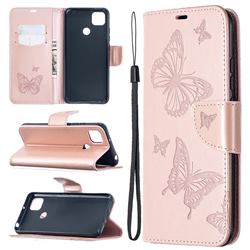 Embossing Double Butterfly Leather Wallet Case for Xiaomi Redmi 9C - Rose Gold