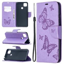 Embossing Double Butterfly Leather Wallet Case for Xiaomi Redmi 9C - Purple