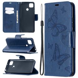 Embossing Double Butterfly Leather Wallet Case for Xiaomi Redmi 9C - Dark Blue