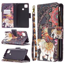 Totem Flower Elephant Binfen Color BF03 Retro Zipper Leather Wallet Phone Case for Xiaomi Redmi 9C