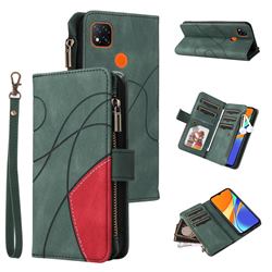 Luxury Two-color Stitching Multi-function Zipper Leather Wallet Case Cover for Xiaomi Redmi 9C - Green