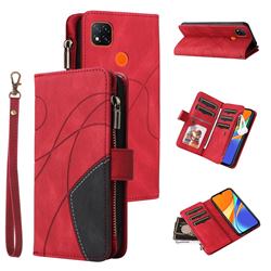 Luxury Two-color Stitching Multi-function Zipper Leather Wallet Case Cover for Xiaomi Redmi 9C - Red
