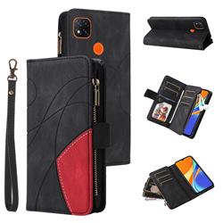 Luxury Two-color Stitching Multi-function Zipper Leather Wallet Case Cover for Xiaomi Redmi 9C - Black