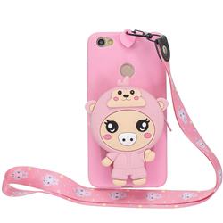Pink Pig Neck Lanyard Zipper Wallet Silicone Case for Xiaomi Redmi Note 5A