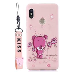 Pink Flower Bear Soft Kiss Candy Hand Strap Silicone Case for Xiaomi Redmi Note 5 Pro