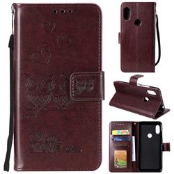 Embossing Owl Couple Flower Leather Wallet Case for Xiaomi Redmi Note 5 Pro - Brown