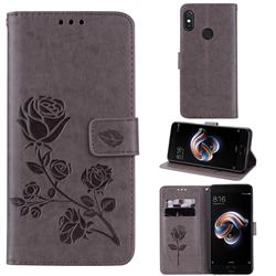 Embossing Rose Flower Leather Wallet Case for Xiaomi Redmi Note 5 Pro - Grey