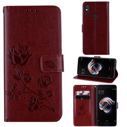 Embossing Rose Flower Leather Wallet Case for Xiaomi Redmi Note 5 Pro - Brown