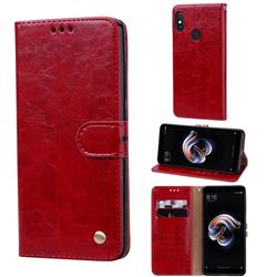 Luxury Retro Oil Wax PU Leather Wallet Phone Case for Xiaomi Redmi Note 5 Pro - Brown Red