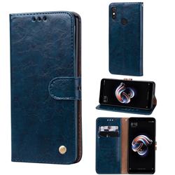 Luxury Retro Oil Wax PU Leather Wallet Phone Case for Xiaomi Redmi Note 5 Pro - Sapphire