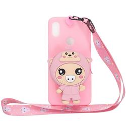 Pink Pig Neck Lanyard Zipper Wallet Silicone Case for Mi Xiaomi Redmi Note 6 Pro