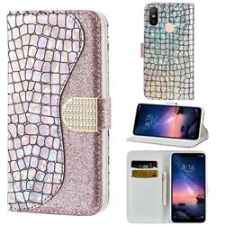 Glitter Diamond Buckle Laser Stitching Leather Wallet Phone Case for Mi Xiaomi Redmi Note 6 Pro - Pink