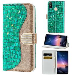 Glitter Diamond Buckle Laser Stitching Leather Wallet Phone Case for Mi Xiaomi Redmi Note 6 Pro - Green