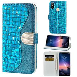Glitter Diamond Buckle Laser Stitching Leather Wallet Phone Case for Mi Xiaomi Redmi Note 6 Pro - Blue
