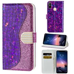 Glitter Diamond Buckle Laser Stitching Leather Wallet Phone Case for Mi Xiaomi Redmi Note 6 Pro - Purple