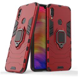 Black Panther Armor Metal Ring Grip Shockproof Dual Layer Rugged Hard Cover for Xiaomi Mi Redmi Note 7 / Note 7 Pro - Red