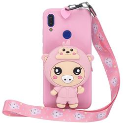 Pink Pig Neck Lanyard Zipper Wallet Silicone Case for Xiaomi Mi Redmi Note 7 / Note 7 Pro