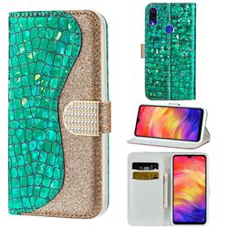 Glitter Diamond Buckle Laser Stitching Leather Wallet Phone Case for Xiaomi Mi Redmi Note 7 / Note 7 Pro - Green