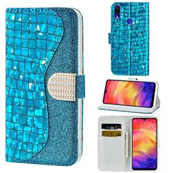 Glitter Diamond Buckle Laser Stitching Leather Wallet Phone Case for Xiaomi Mi Redmi Note 7 / Note 7 Pro - Blue