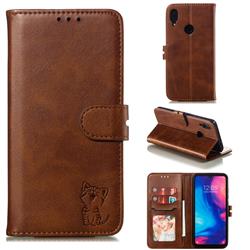 Embossing Happy Cat Leather Wallet Case for Xiaomi Mi Redmi Note 7 / Note 7 Pro - Brown