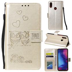 Embossing Owl Couple Flower Leather Wallet Case for Xiaomi Mi Redmi Note 7 / Note 7 Pro - Golden