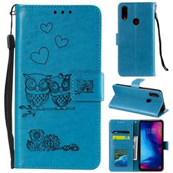 Embossing Owl Couple Flower Leather Wallet Case for Xiaomi Mi Redmi Note 7 / Note 7 Pro - Blue