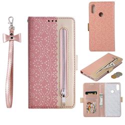 Luxury Lace Zipper Stitching Leather Phone Wallet Case for Xiaomi Mi Redmi Note 7 / Note 7 Pro - Pink