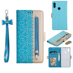 Luxury Lace Zipper Stitching Leather Phone Wallet Case for Xiaomi Mi Redmi Note 7 / Note 7 Pro - Blue