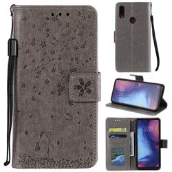 Embossing Cherry Blossom Cat Leather Wallet Case for Xiaomi Mi Redmi Note 7 / Note 7 Pro - Gray
