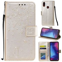 Embossing Cherry Blossom Cat Leather Wallet Case for Xiaomi Mi Redmi Note 7 / Note 7 Pro - Golden
