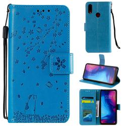 Embossing Cherry Blossom Cat Leather Wallet Case for Xiaomi Mi Redmi Note 7 / Note 7 Pro - Blue
