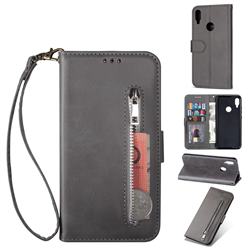 Retro Calfskin Zipper Leather Wallet Case Cover for Xiaomi Mi Redmi Note 7 / Note 7 Pro - Grey