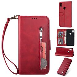 Retro Calfskin Zipper Leather Wallet Case Cover for Xiaomi Mi Redmi Note 7 / Note 7 Pro - Red