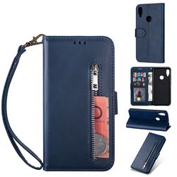 Retro Calfskin Zipper Leather Wallet Case Cover for Xiaomi Mi Redmi Note 7 / Note 7 Pro - Blue