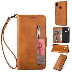 Retro Calfskin Zipper Leather Wallet Case Cover for Xiaomi Mi Redmi Note 7 / Note 7 Pro - Brown