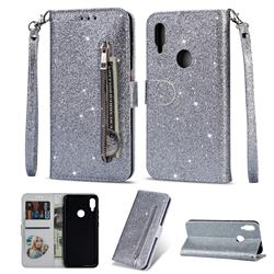 Glitter Shine Leather Zipper Wallet Phone Case for Xiaomi Mi Redmi Note 7 / Note 7 Pro - Silver