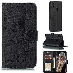 Intricate Embossing Lychee Feather Bird Leather Wallet Case for Xiaomi Mi Redmi Note 7 / Note 7 Pro - Black