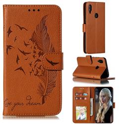 Intricate Embossing Lychee Feather Bird Leather Wallet Case for Xiaomi Mi Redmi Note 7 / Note 7 Pro - Brown