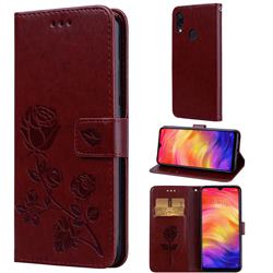 Embossing Rose Flower Leather Wallet Case for Xiaomi Mi Redmi Note 7 / Note 7 Pro - Brown